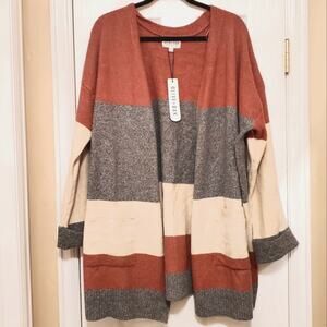 Sz 2XL OLIVE+OAK Burnt Orange Gray Cream Striped Open Mid-Thig Cardigan